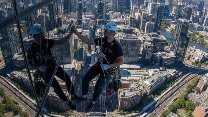 High-rise window cleaner on Melbourne office tower