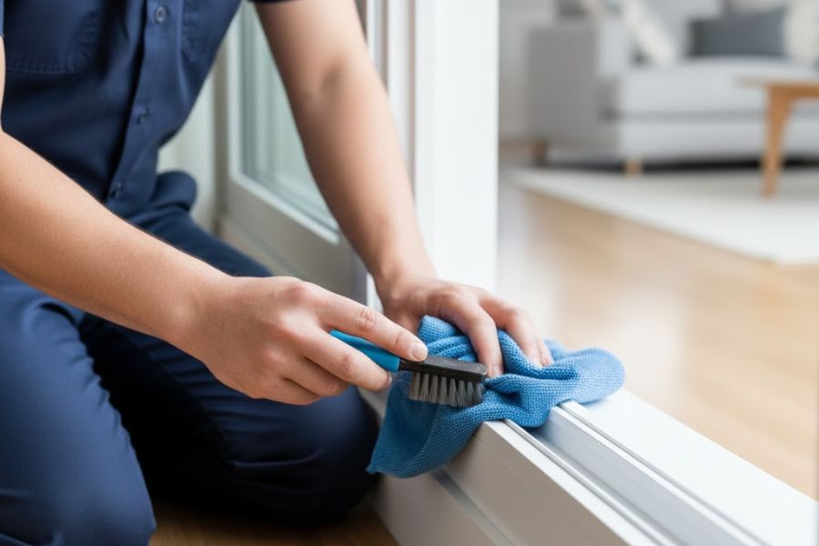 Golden Star technician detailing a window frame with professional tools