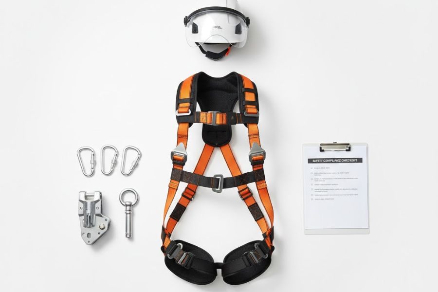 Safety equipment and compliance documentation for high-rise window cleaning