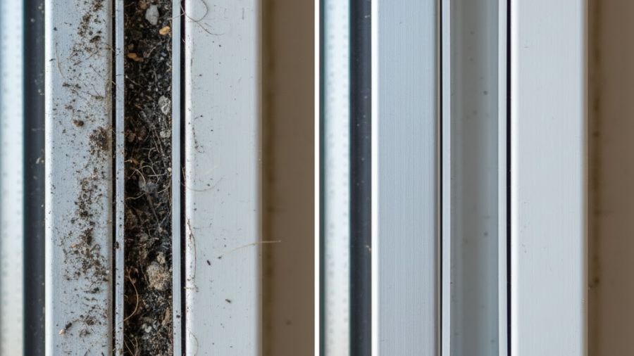 Dirty window track with debris versus clean track after professional cleaning