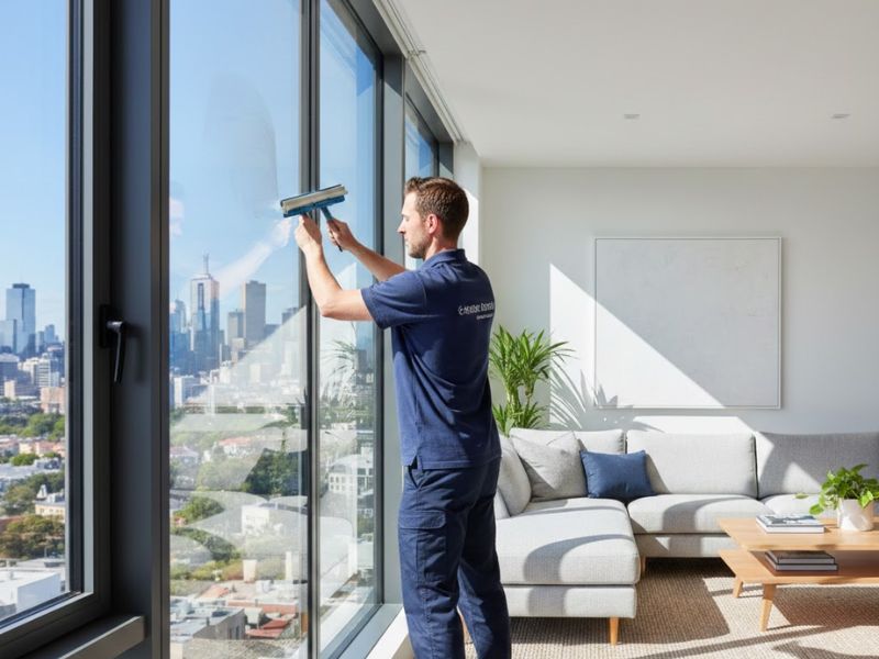Window cleaner cleaning interior and exterior glass Melbourne home